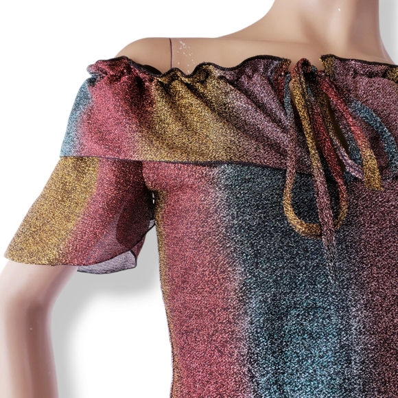 Gold, Red & Green Metallic Striped Off Shoulder Ruffle Blouse by Route 3 - Picture 2 of 8
